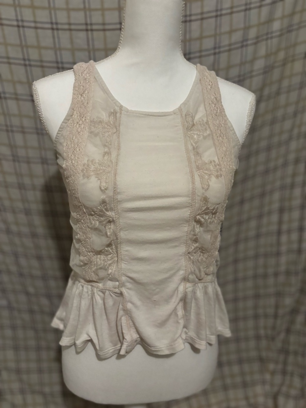 Cream Lace-Accent Peplum Tank Top - Women's
